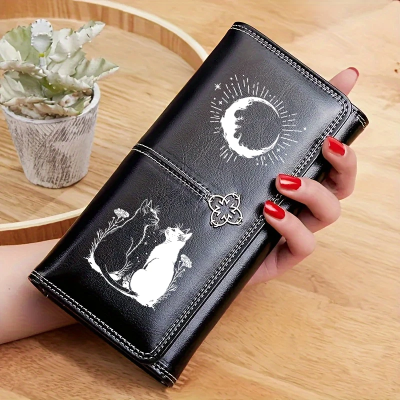 Gothic Moon Black White Cat Leather Wallet Luxury Long Purses for Cards Holder Wallets with Zip Coin Pocket Ladies Handbags