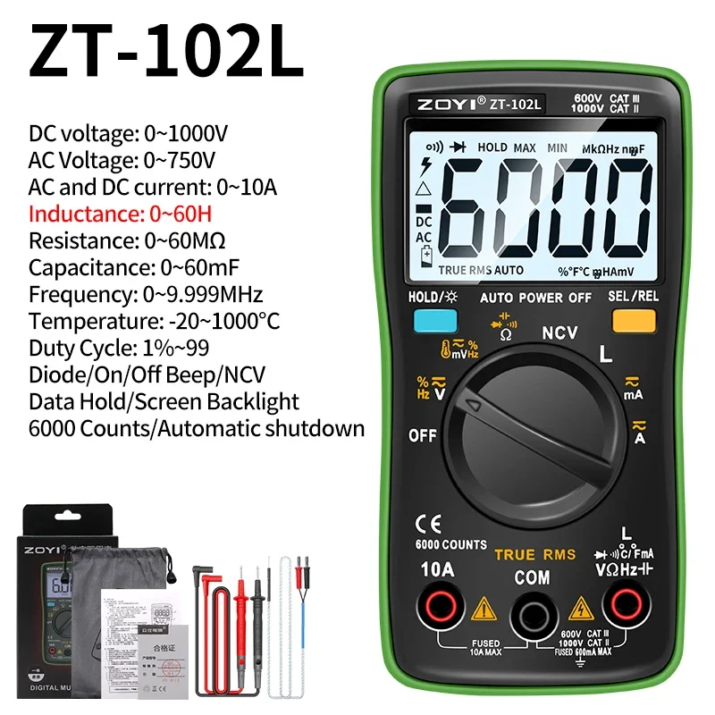 ZOYI ZT102L Digital Multimeter 6000 Counts Auto Range with Backlight AC/DC Volt Ohm Tester Portable Multimetro Ammeter