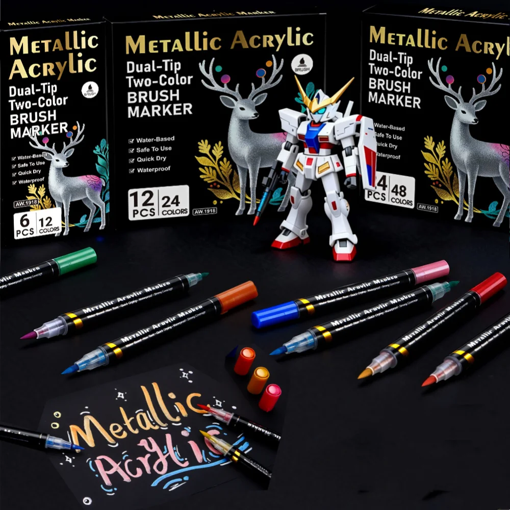 12/24/48 Color Metallic Water-Based Paint Pens Dual-Ended Dual-Color Soft Tip Markers Set Student Coloring Painting Art Supplies