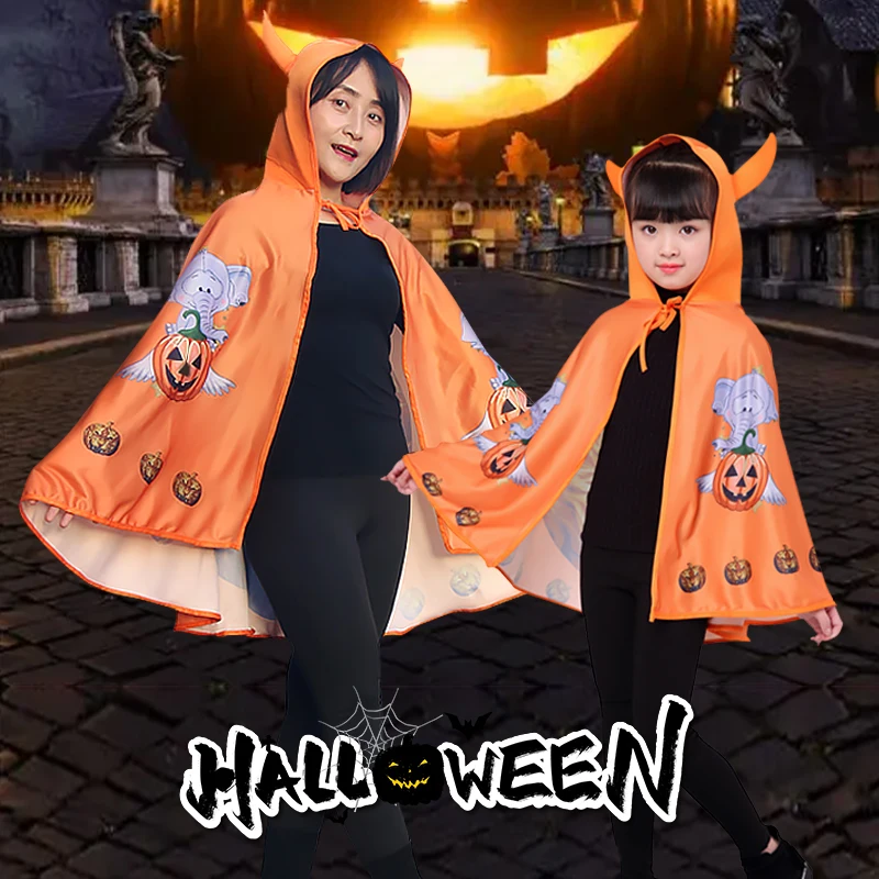 

Halloween Parent-child Demon Horn Hooded Cloak, Pumpkin/Bat/Ghost Patterned Cape