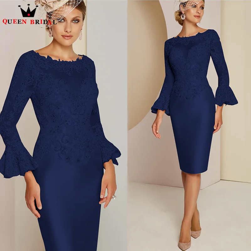 Gorgeous Blue Long Sleeve Mother of the Bride Dresses Lace Applique Beads Knee-Length vestido para madre de la novia Custom DT53