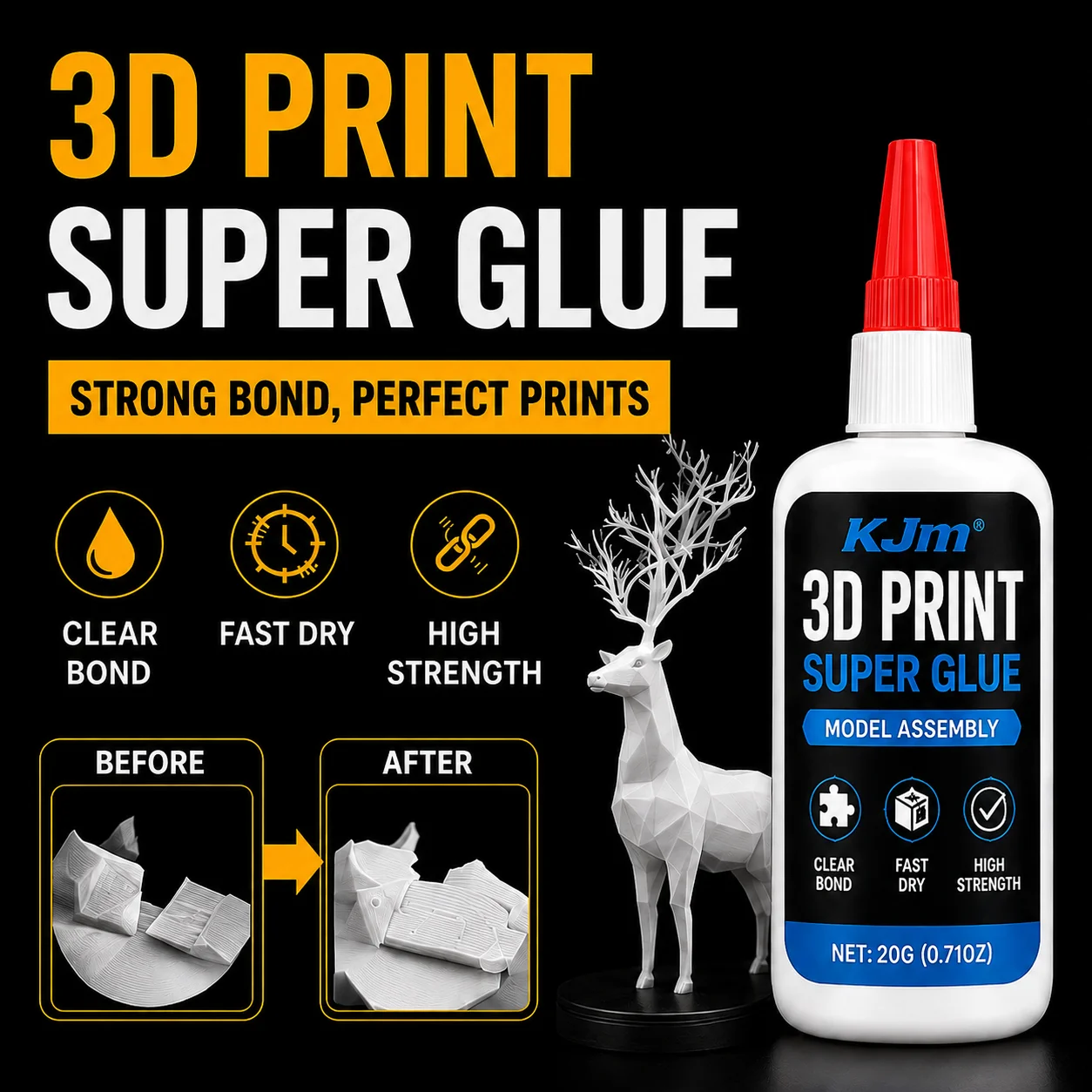 KJM Super Glue Contact Adhesive For 3D Printing Plastic Repair DIY Crafts Model Bonding Fast Dry Transparent Glue 20G