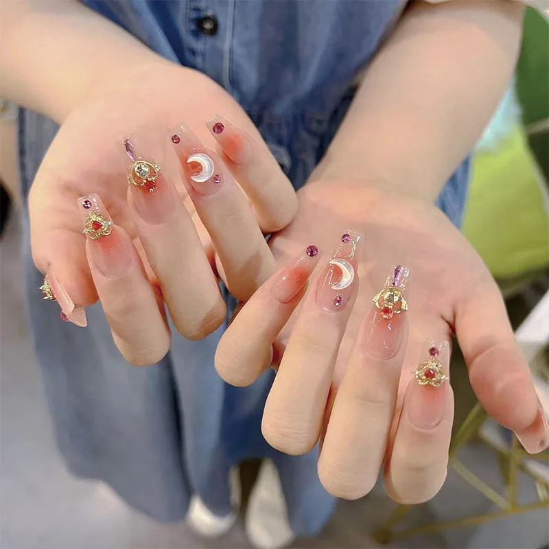 

24p Long Blush Smudged False Nails Moon Cartoon Design Fake Nails Art Full Coverage Waterproof Artificial Press on Nail