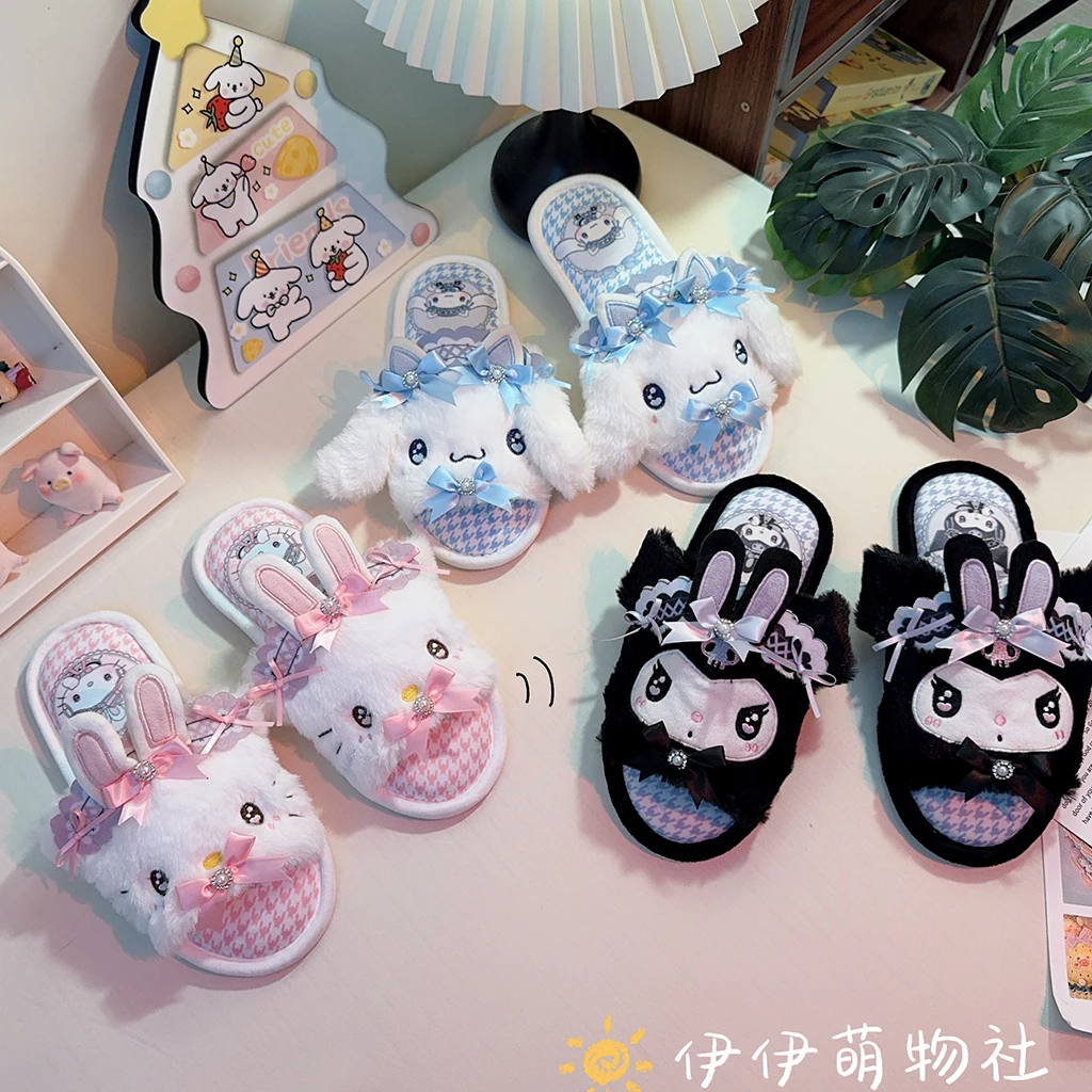 Sanrio Hello Kitty Kuromi Open toed Slippers for Women's Indoor Home Furnishing Shoes Breathable Non slip Slippers Floor Shoes