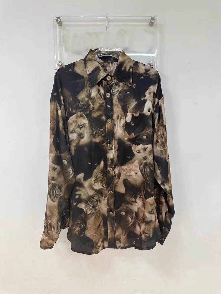 

Loose Long Sve Silk irt Women's Irregular Print Autumn New Sle Princ eenn Collar Mid-Length Casual Top