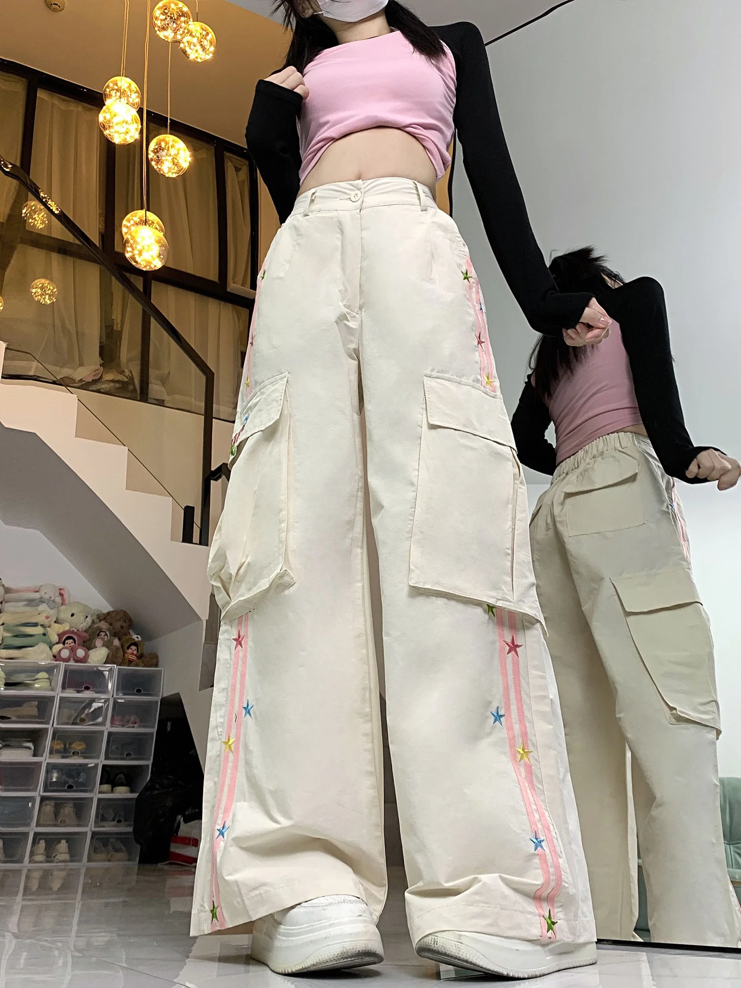 Princess IronFan Y2k Harajuku Streetwear Casual Baggy Pants Striped Oversize Star Multi-Pocket High Waist Loose Sweet Trousers