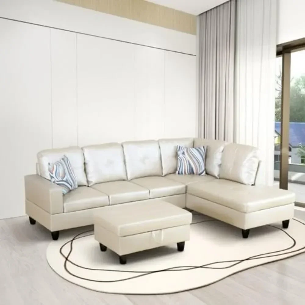 

Convertible Sectional Sofa with Chaise, Faux Leather Modular Couch with Storage Ottoman, Convertible Sectional Sofa