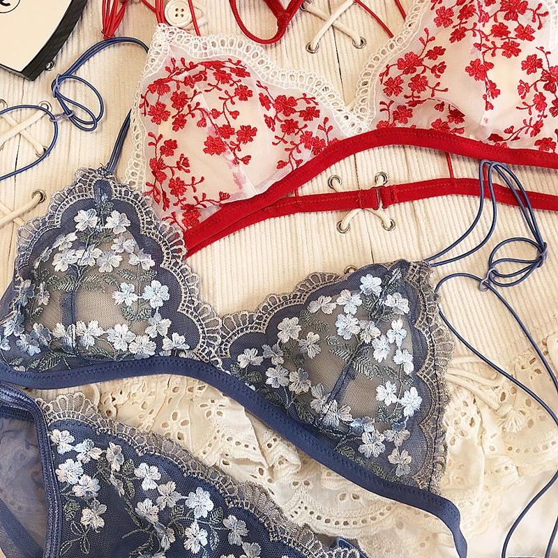 French Lace Flowers Embroidery Lingerie Set Sexy Ultra Thin Bra Set Women Triangle Cup Comfortable Bralette Female Padded Bras