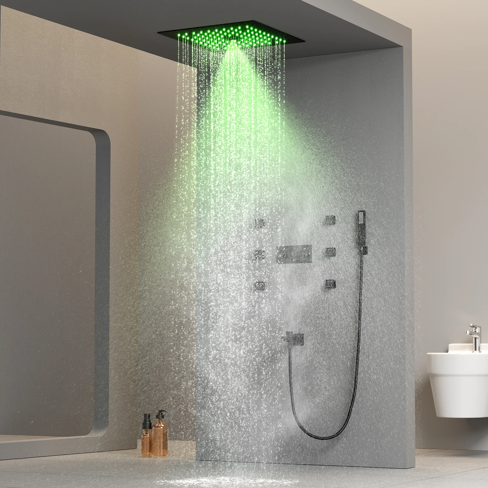 DULABRAHE Luxury Brass Black LED Concealed Mounted Shower Set System Bathroom Hidden Rain Bath Shower Mixer Faucet