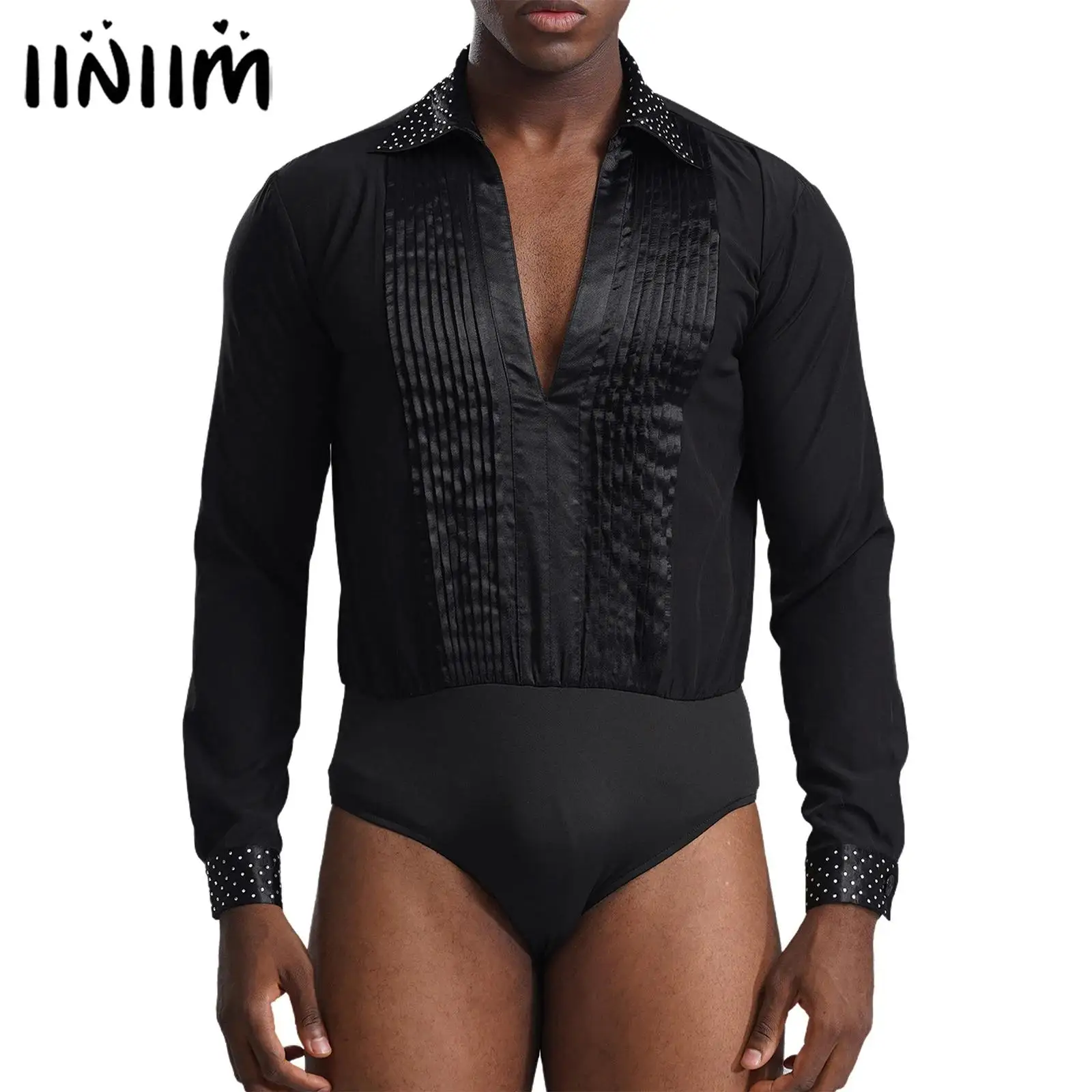 Mens Latin Dance Competition Costume Glittery Rhinestones Dance Leotard Ballroom Dancewear V-neck Long Sleeve Pleated Bodysuit