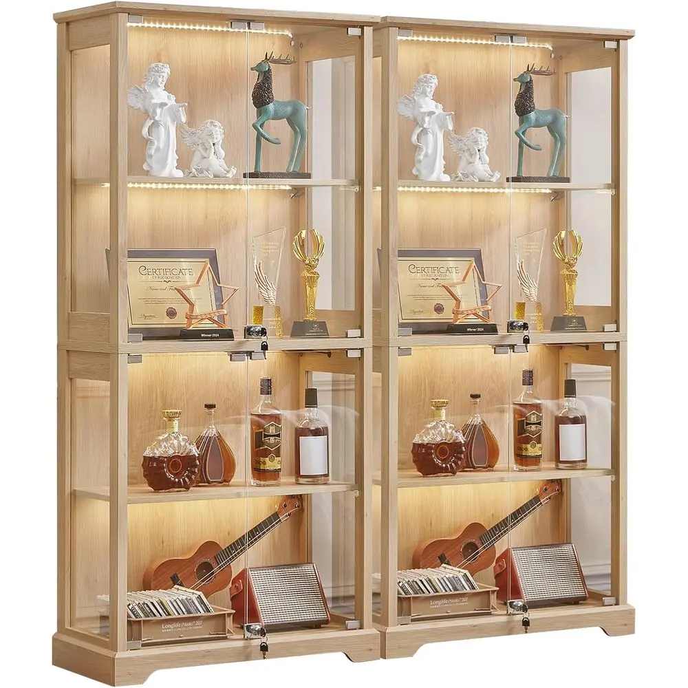 Dual Glass Door Display Cabinets with 3-Color LED Motion-Sensor Light, Natural Wood Finish