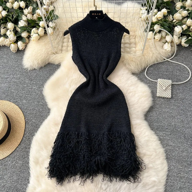 Women Knit Mini Dress New Summer Fashion Sexy Hollow-Out Sleeveless Bodycon Party Dresses Korean Lady Elegant Beach Vestidos 원피스
