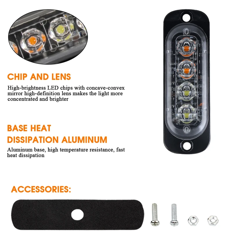 4LED Car Strobe Warning Light Grill Flashing Breakdown Emergency Light for 12V Truck Trailer Police Beacon Lamp Signal Taillight