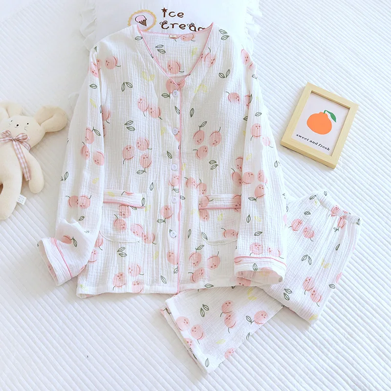 Long Sleeve Sleepwear Pijamas Suit Casual Sweet Cotton Pajamas Two Piece Set Print Peach New Female Home Wear with Chest Pad