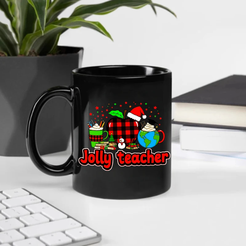 Christmas mug, black merry teacher pattern, with apple, book, globe and Christmas hat design, suitable for holiday gifts for tea