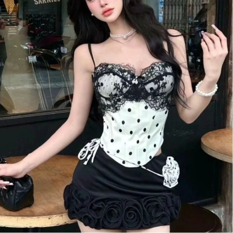 

Women Two Piece Set Sexy Lace Patchwork Crop Top Rose Hem Mini Skirt Black White Slim Fit Outfit Club Party Matching Suit 2025
