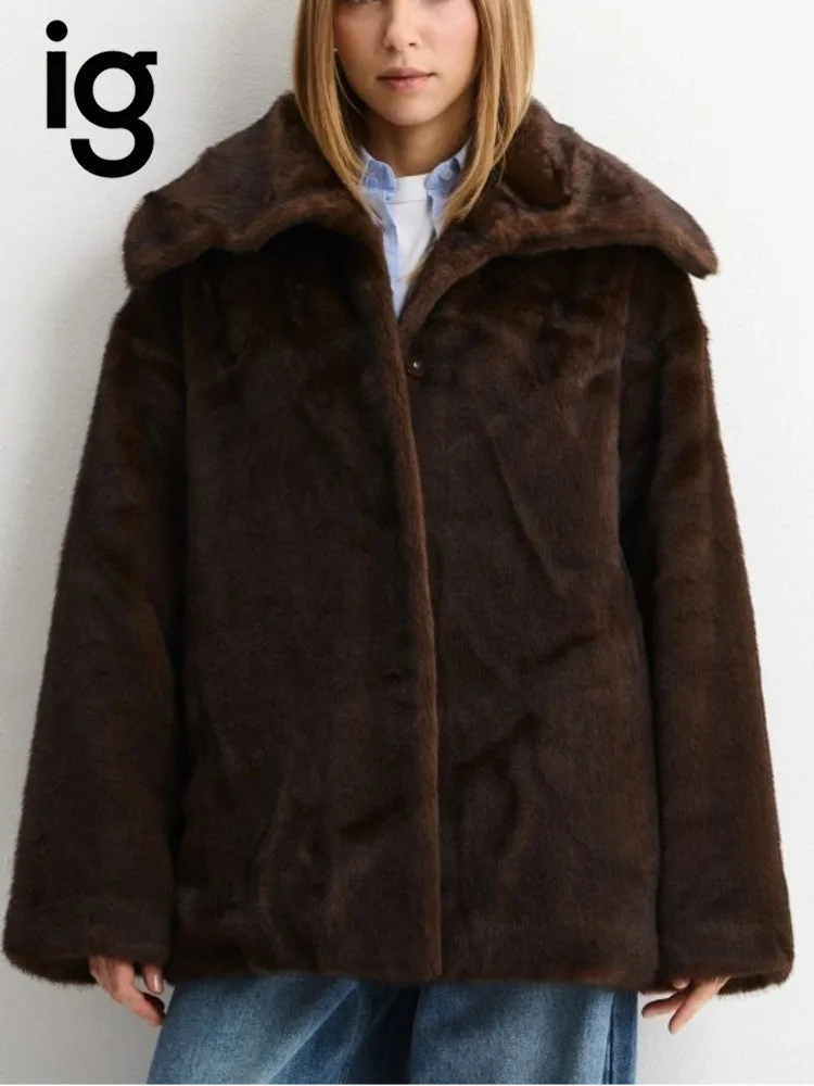 Women Brown Oversized Wide Lapel Mink-Like Faux Fur Mid-Length Coat, Single Button Hidden Placket Winter Warm  Elegant Outerwear