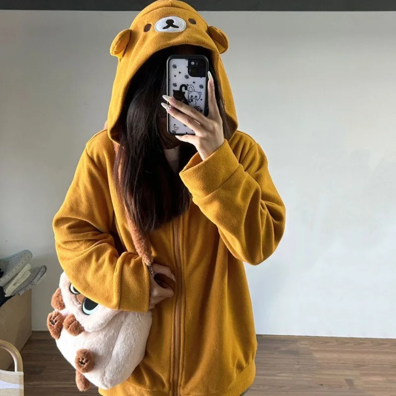 Korean Harajuku Zip Up Hoodie Streetwear Kawaii Hooded Cute Bear Hoodies Shirt Sweatshirts Top Oversized Clothes Women Y2k