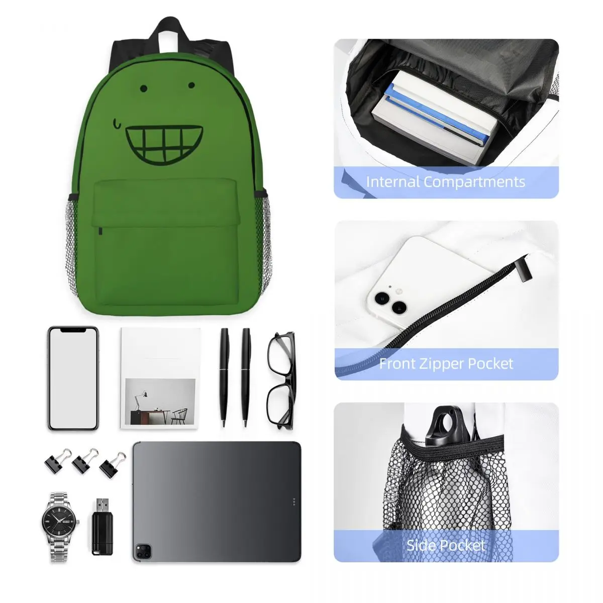 Bolsa de escola casual leve impressa, Liam Plecak de HFJone (SORRISO ESCADO), escola, compras ao ar livre, escritório, 15"