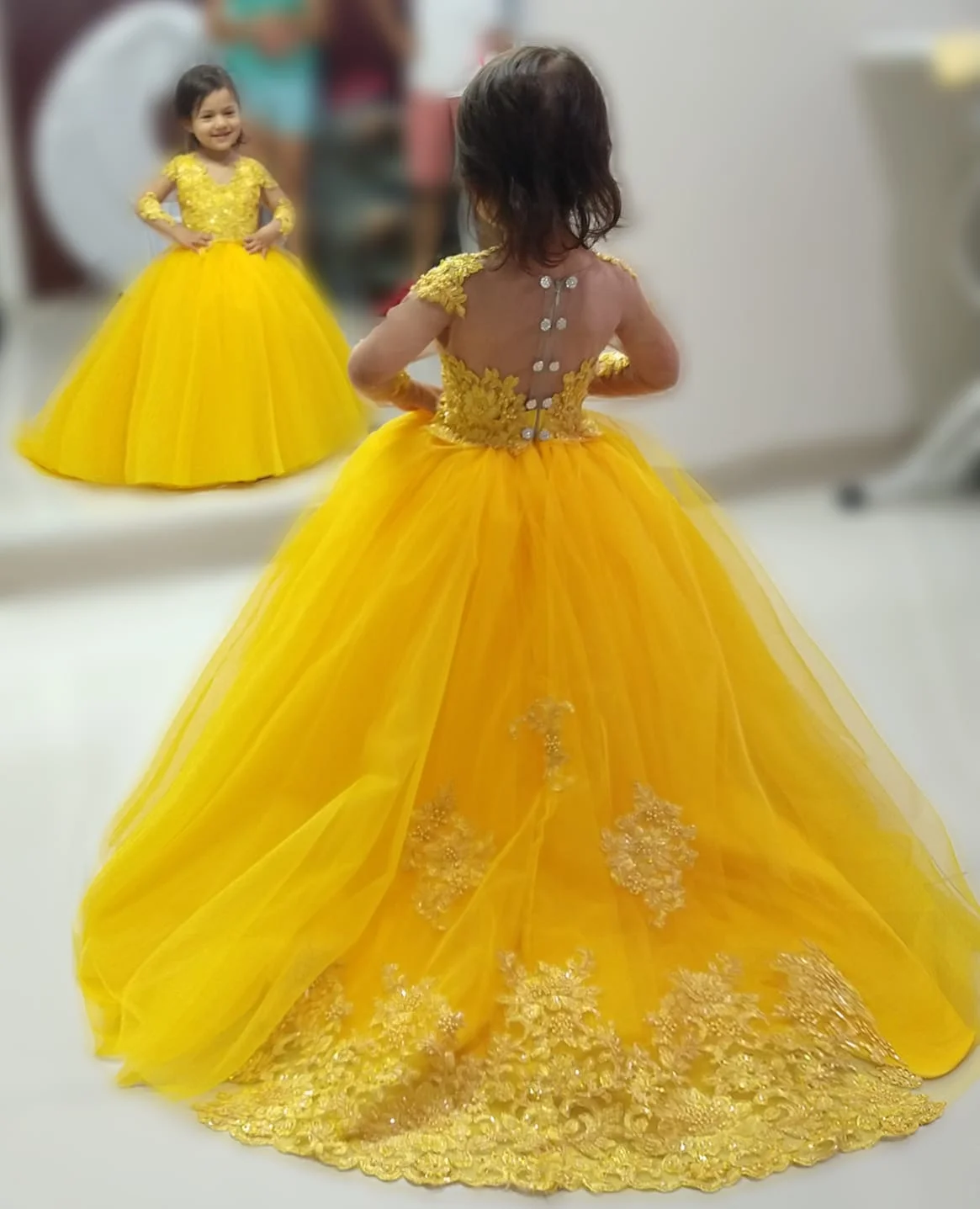 Vestidos de baile de mangas compridas, vestidos longos de flores amarelas para casamento, apliques de renda, princesa, comunhão, aniversário, festa de aniversário