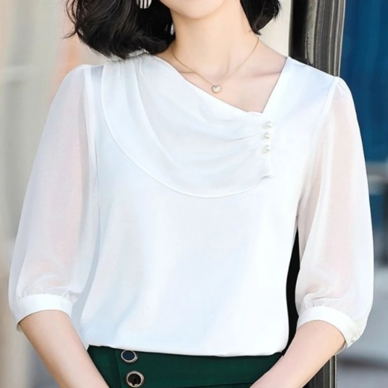 Ruffled Slash-neck Beaded Red Chiffon Shirt Spring Summer Short Sleeve Blouse Korean Style Elegant Shirt Professional OL Shirt