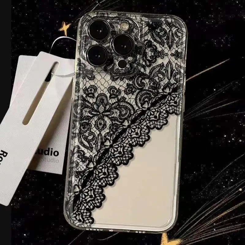 حافظة هاتف مطبوعة من الدانتيل لهاتف آيفون 16 15 14 13 12 11 Pro XS MAX 7 XR 8 7 Plus غطاء شفاف Fundas