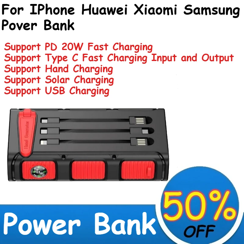 

30000mAh Solar Power Bank Built in Cable PD 20W Fast Charger Powerbank for IPhone Huawei Xiaomi Samsung Pover Bank