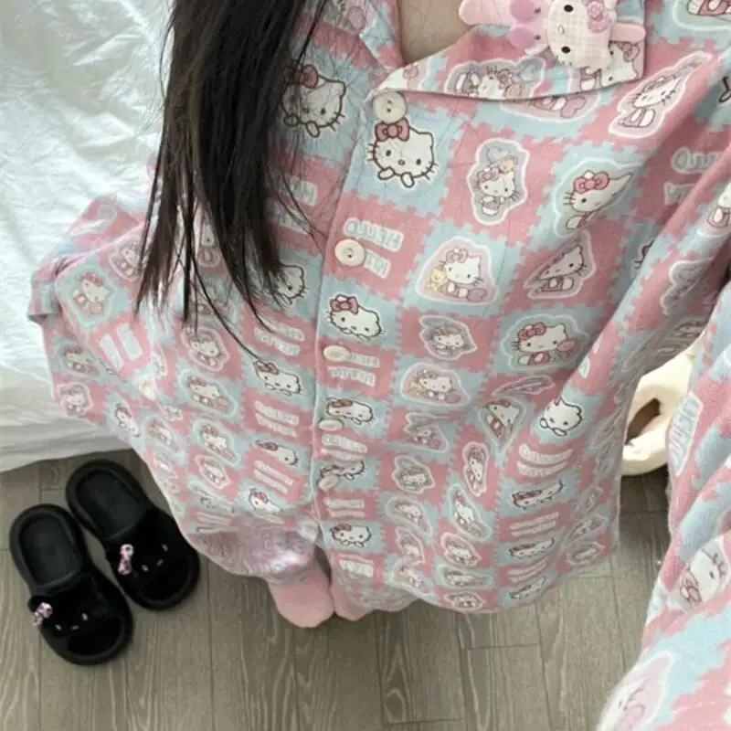 Ragazza Home wear microvilli hello kitty kawaii Cartoon Student Casual primavera autunno cardigan con risvolto Loungewear set pigiama nuovo caldo