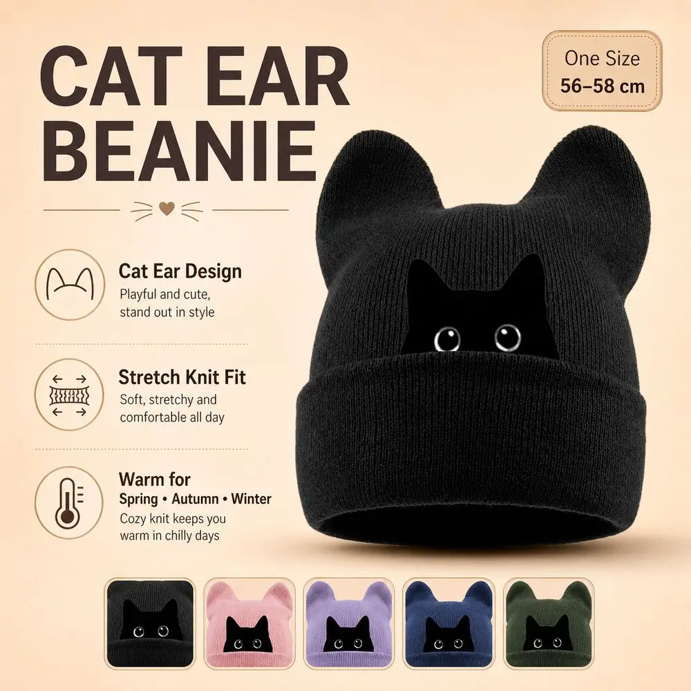 Casual Knit Cat Ear Beanie Hat Y2K Harajuku Stretchable Winter Knit Hat Punk Gothic Pullover Hat Casual Streetwear