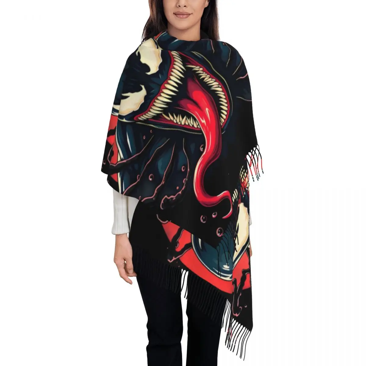 

Женские длинные шарфы с ядом, смелые симбиотические шарфы, зима-осень, мягкая теплая шаль с кисточками, накидка Marvel, супергерой, фильм комиксов Шарф