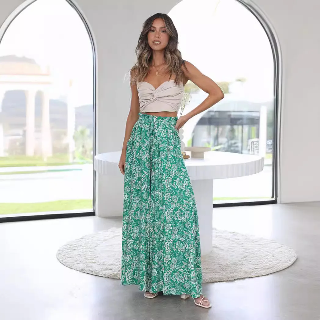 Women Print Pants Casual Wide Leg Pant Drawstring High Waist Floor Lenth Medium Strech Loose Fit Thin Office Lady 2025 Summer