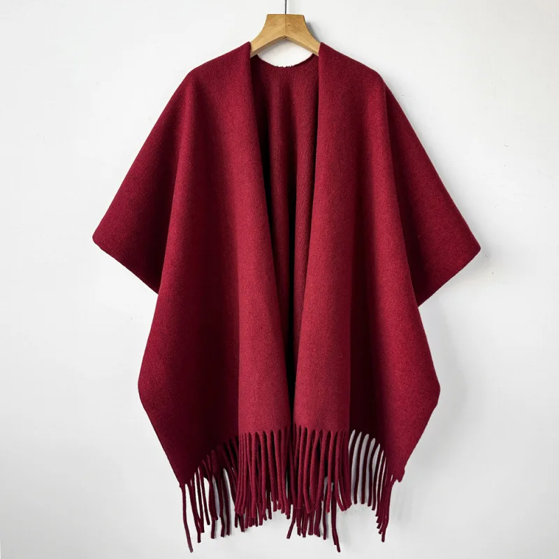 Women Solid Color Tassel Cape Shawl Versatile Outer Wear Travel Outfit Warm Wrap Multiple Colors Fashion Scarf