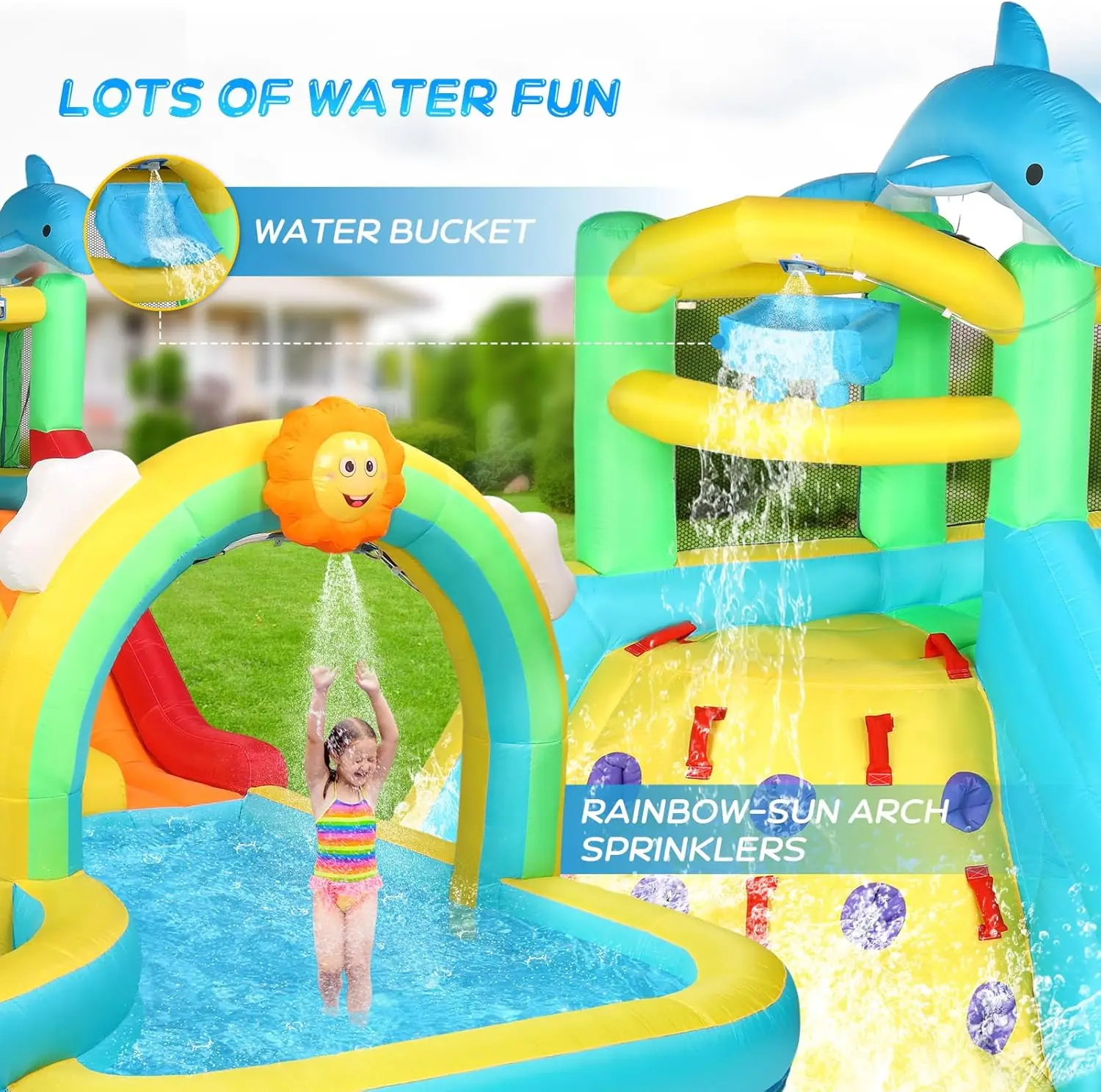 Inflatable Water Slide Bounce House w/Water Bucket, Climbing Wall, Pool, Rainbow Sprinklers, 1min Blow Up Water Slide 10-in-1 fo