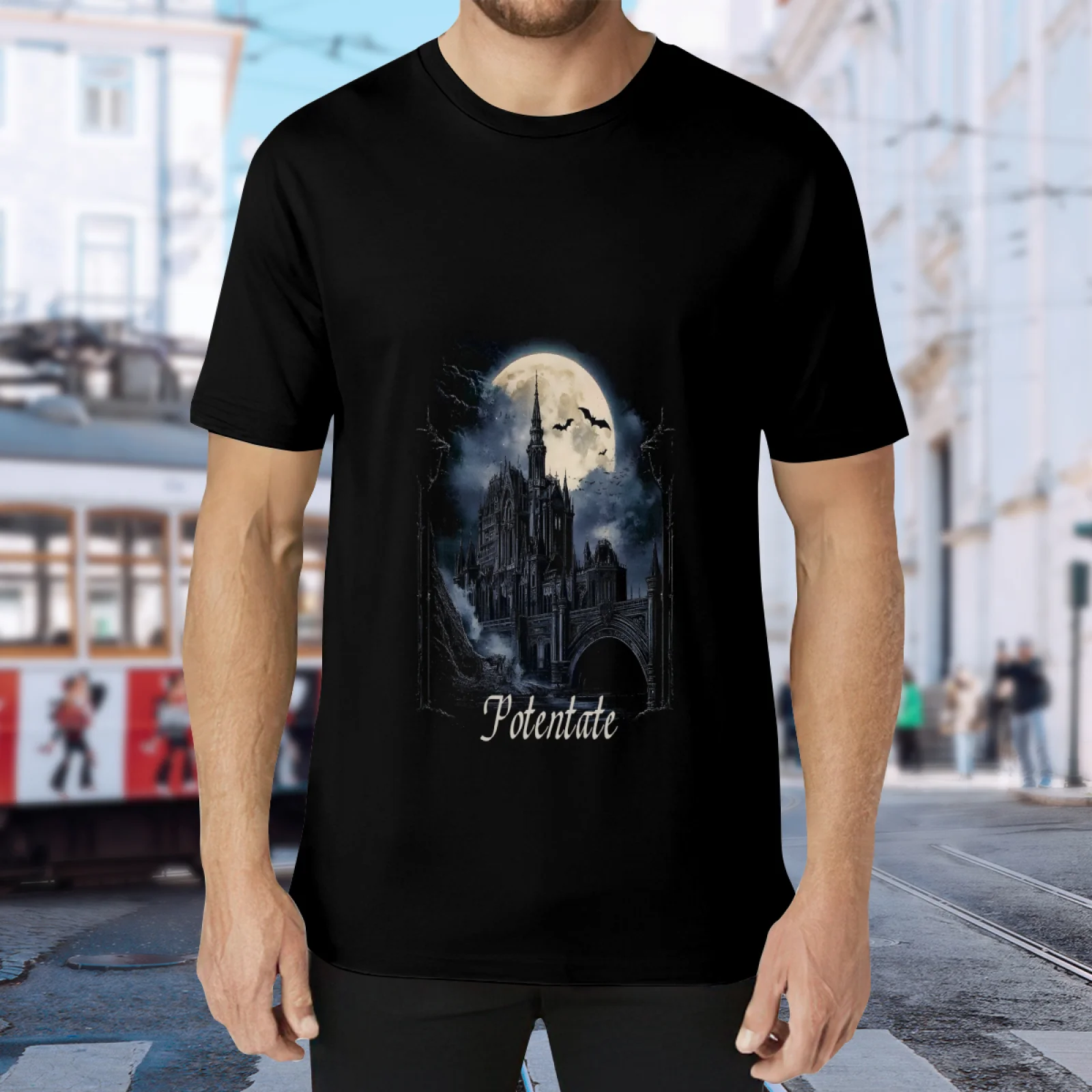Dark Gothic Castle Graphic T-Shirt, Vintage Moon Night Sky Art Tee, Retro Grunge Aesthetic Streetwear White Shirt for Men and Women