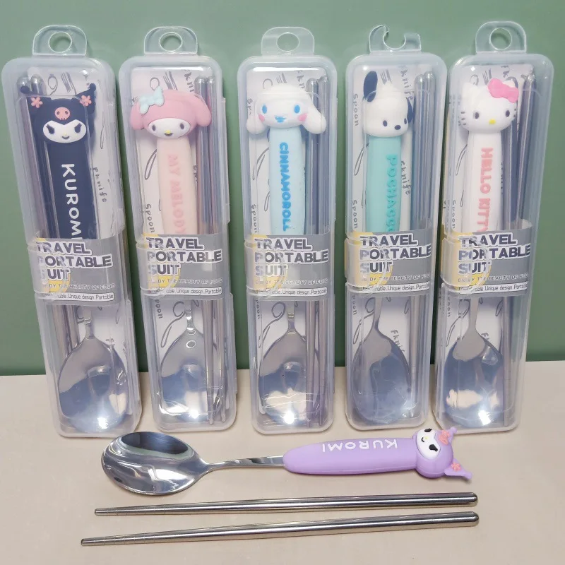 

2PCS Sanrio Chopsticks Set Hello Kitty Cinnamoroll Stainless Steel Spoon Camping Portable Student Tableware Kawaii Kids Gift