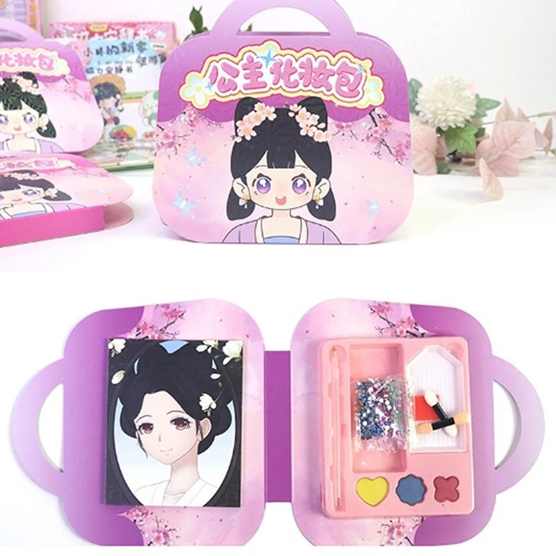 1 Set Gifts For Girl 3 In 1 Antique Princess Makeup Bag Kit With Princess Dress Up Sticker Book DIY Paper Art Craft