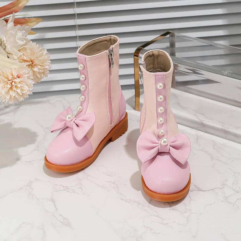 สาวข้อเท้า BOOT สีชมพู Patchwork เด็กฤดูใบไม้ผลิฤดูใบไม้ร่วงรองเท้าแฟชั่น Bowknot เด็ก Princess Catwalk รองเท้าหนังอเนกประสงค์ใหม่