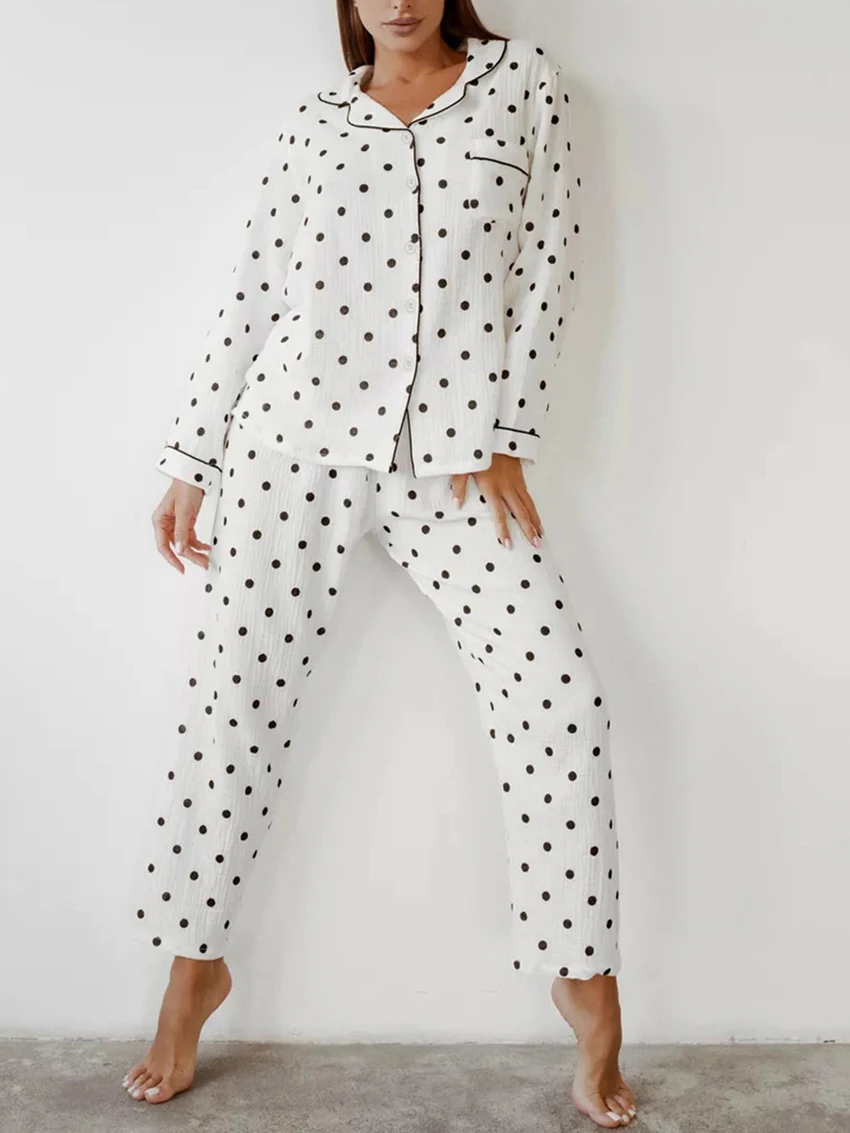 

Marthaqiqi Polka Dots Ladies Pajamas Suit Sexy Turn-Down Collar Sleepwear Long Sleeve Nightwear Pants Female Nightie 2 Piece Set