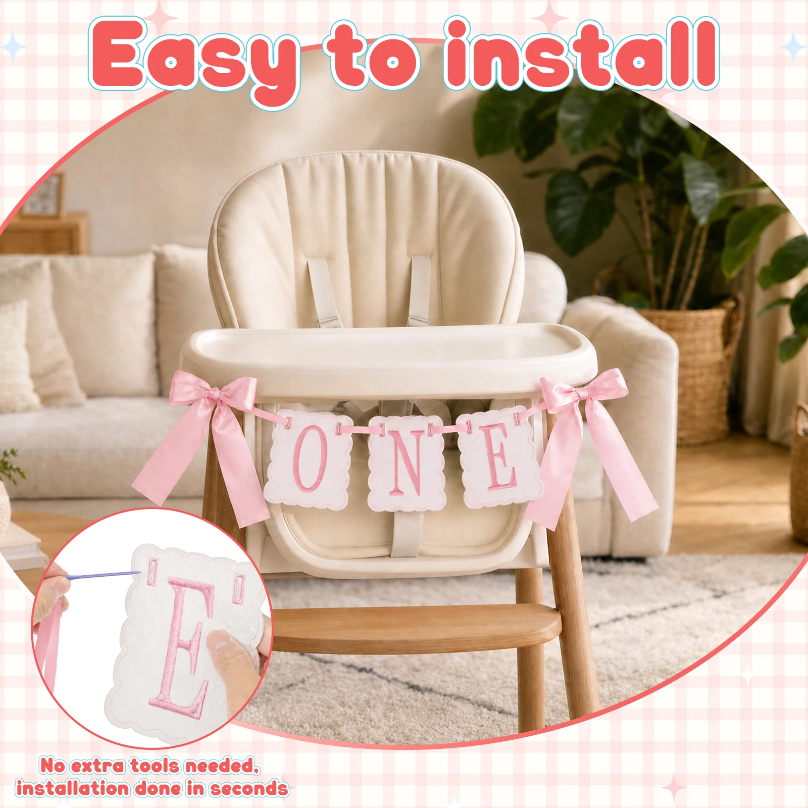 Embroidered 'ONE' Letters High Chair Banner Sweet Bow Themed 1st Birthday Party Banner Decor Scalloped High Chair Hanging Banner view 5