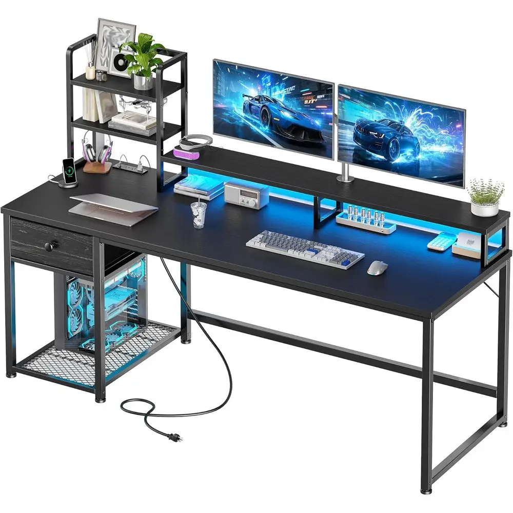 

55 Inch LED-lit Home Office Desk with Hutch, Monitor Shelf, and USB Ports, Black