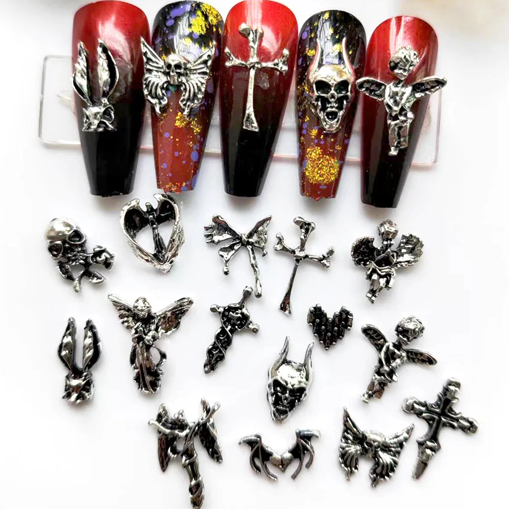 20Pcs Mixed Retro Silver Alloy Nail Art Baroque Evil Angel Heart Dragon Jesus Cross Butterfly Nail Ornament DIY Nail Accessories