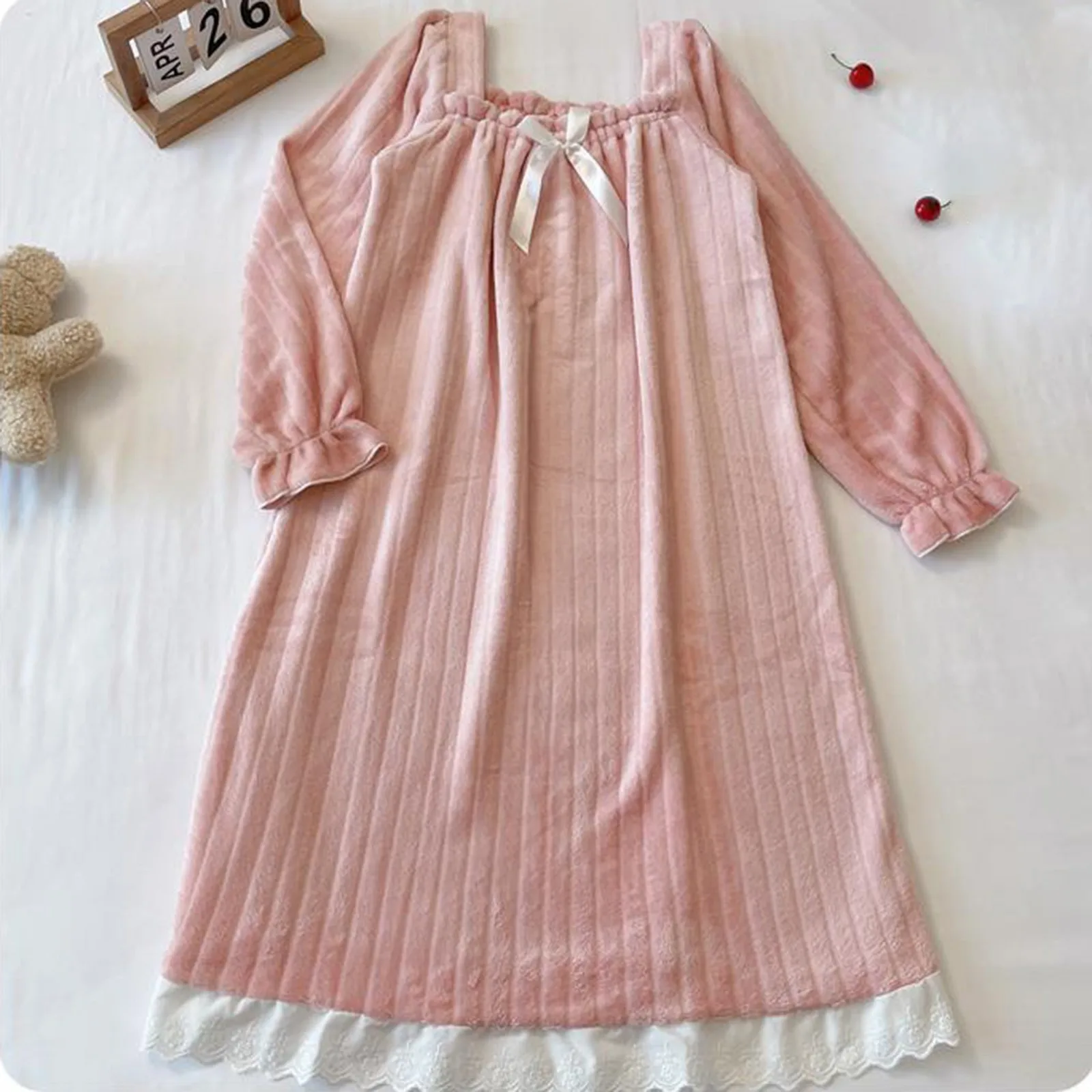 Cute Sweet Flannel Princess Sleep Dress Autumn Winter Warm Soft Long Sleeve Square Neck Nightgown Outdoors Homewear Nightdress