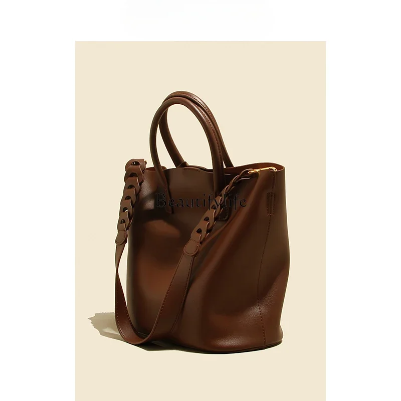 Large-Capacity Genuine Leather Bucket Bag High-Grade Special-Interest Design One-Shoulder Commuter