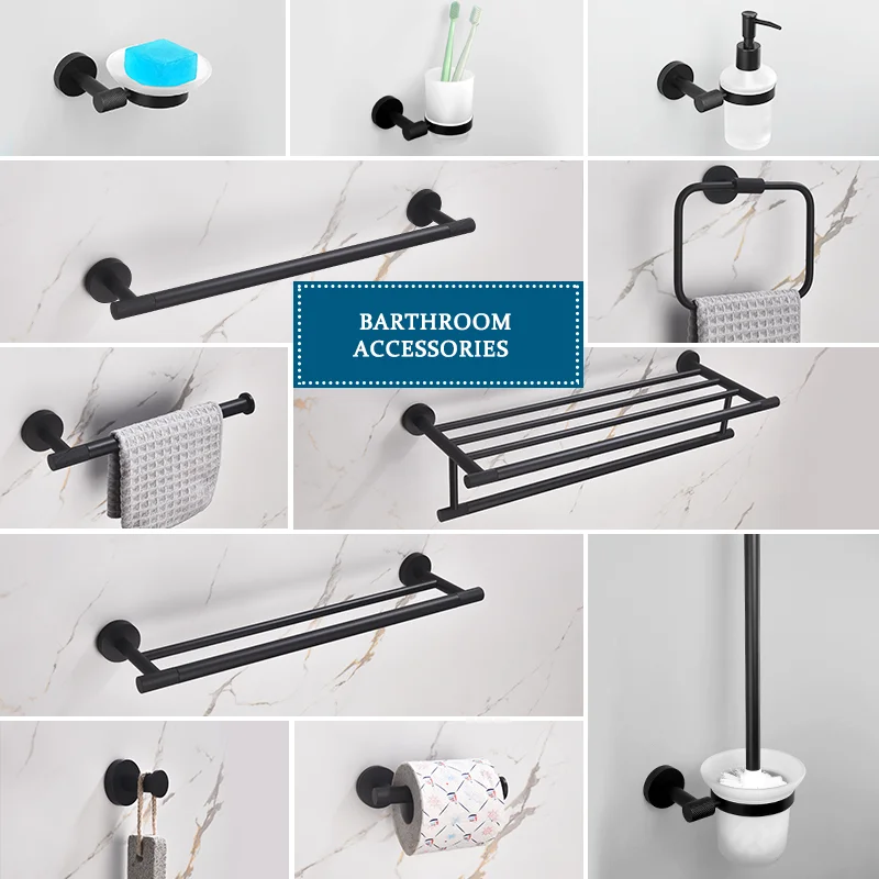 

Matt Black Brass Knurling Wall Mounted Hand Towel Bar Toilet Paper Holder Robe Towel Hooks Bathroom Accessories Kit