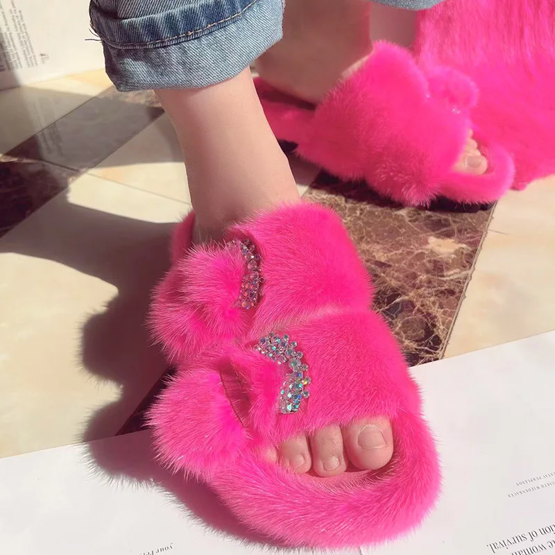 Mink Slippers Sandals Women's Shoes Real Mink Fur Slippers Luxury Fashion Ladies Furry Slippers Girls Flat Slippers Outside