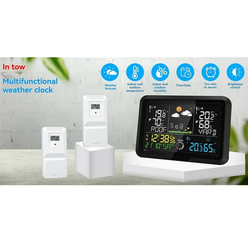 One-To-Two Weather Clock Indoor And Outdoor Thermometer And Hygrometer Wireless Multi-Function Weather Station EU Plug