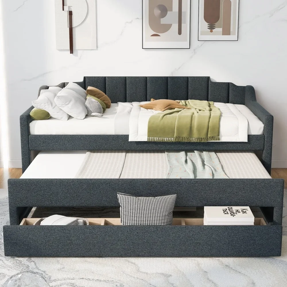 

Upholstery Daybed, Storage Sofa Bed with Drawers and Moveable Twin Trundle Bed for Kids and Adults, No Box Spring Needed Beds