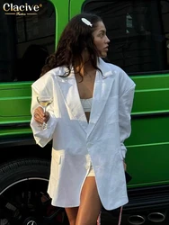 Clacive Fashion Loose White Linen Women's Blazer 2025 Elegant Lapel Long Sleeve Blazers Casual Classic Solid Top Female Clothing