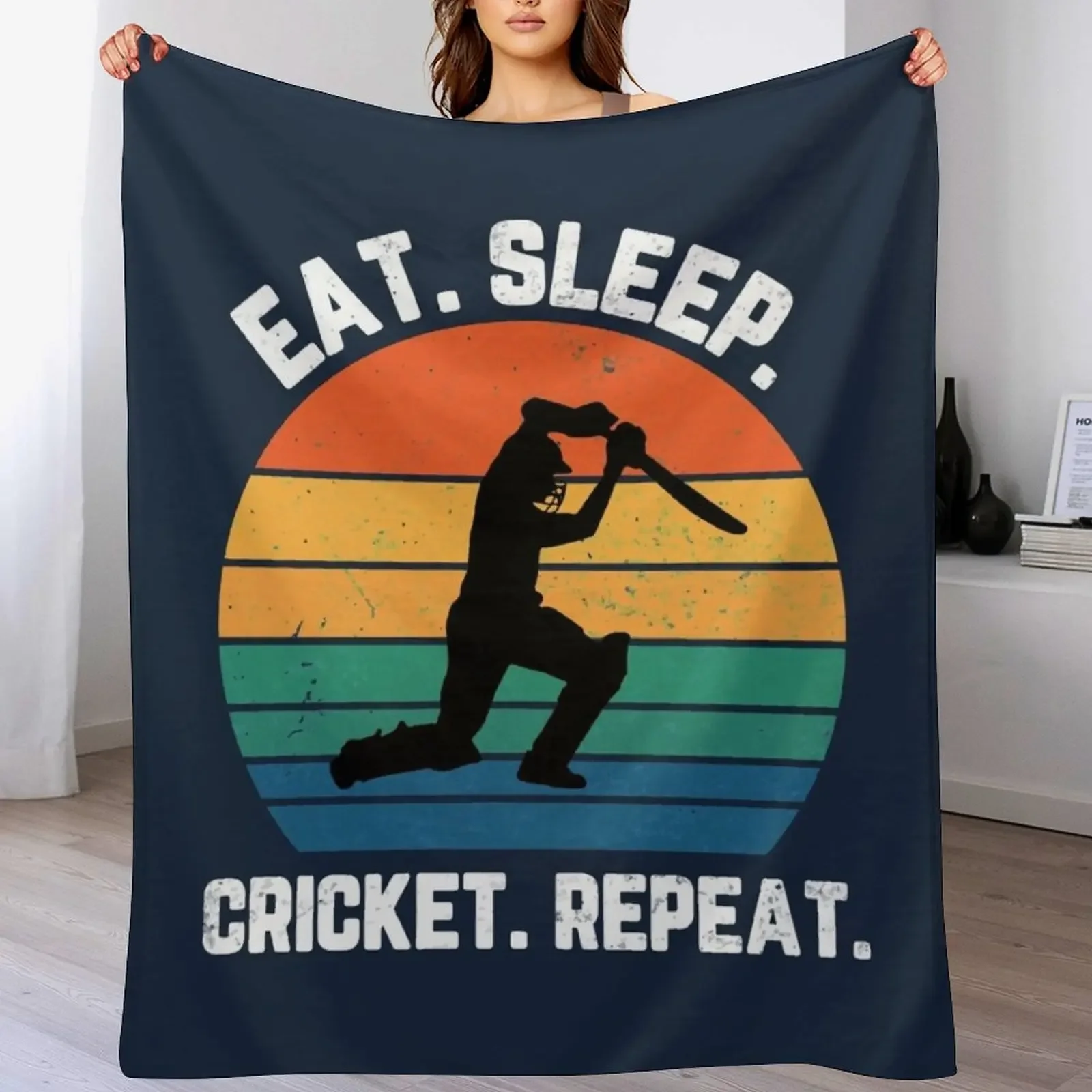 

Eat Sleep Cricket Repeat Sunset White Text Throw Blanket Hairys Luxury Designer Flannel for winter Blankets
