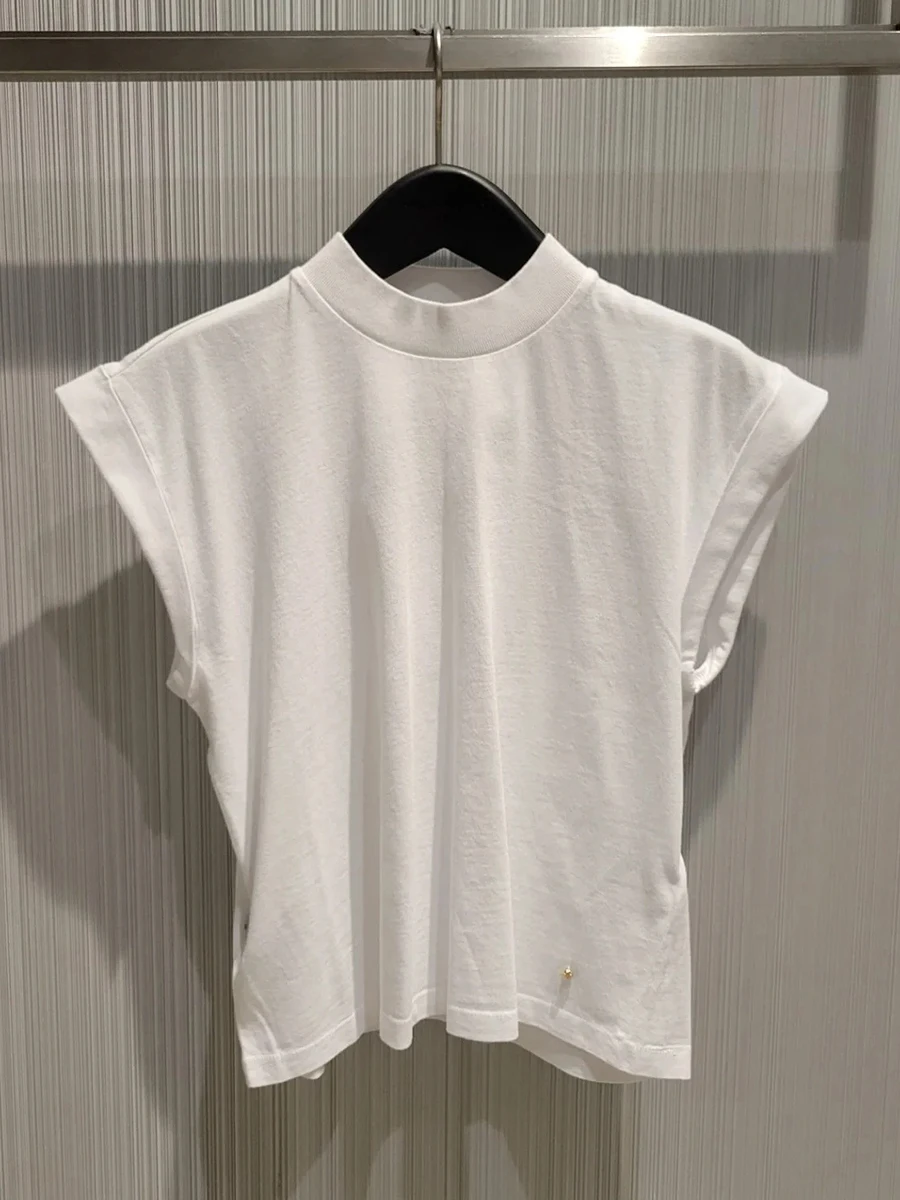 Metal Decor White T-shirt Women Summer Stand Collar Casual Simple Sleeveless Tee Shirts 2024 New Elegant Fashion Lady Tops Tees